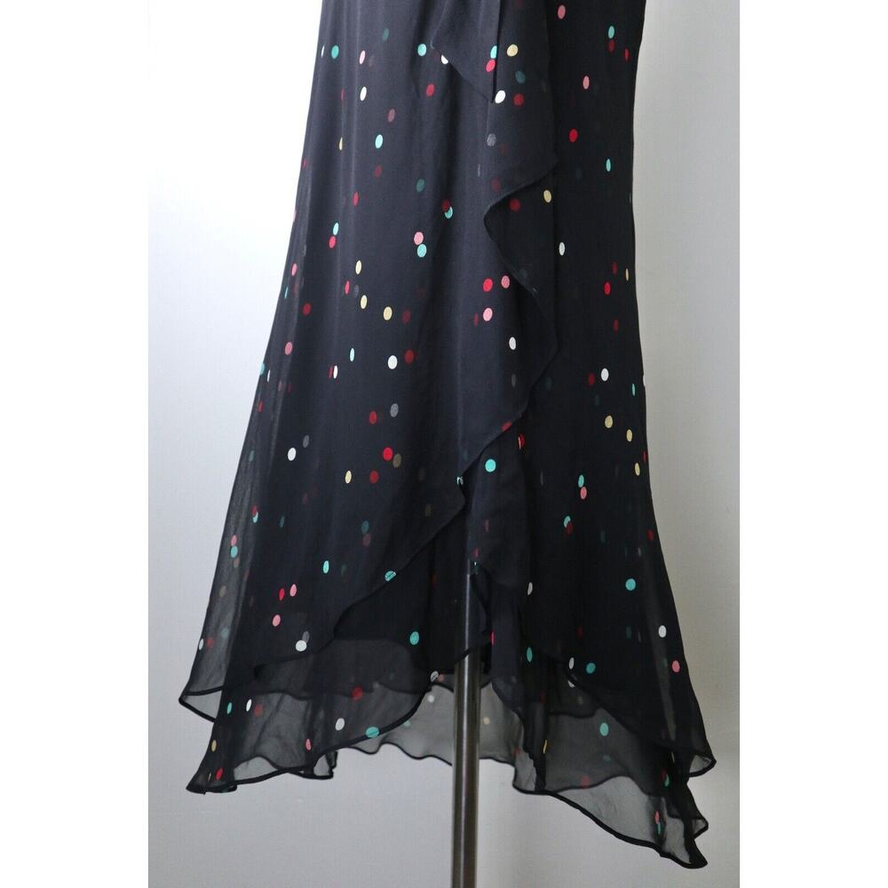 Vintage 1990s Anne Klein Size 4 Silk Dotted Faux Wrap Midi Dress Black Chiffon - Picture 6 of 12